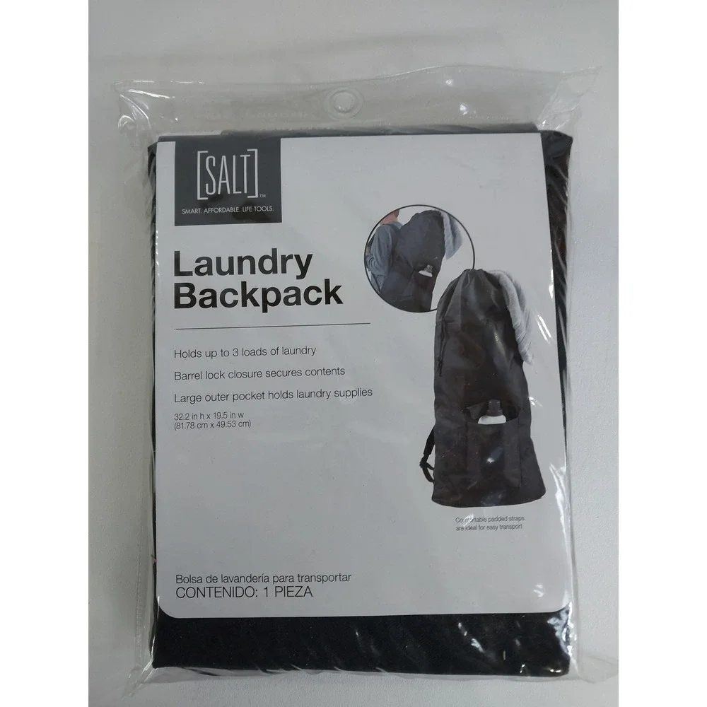 SALT Large Laundry 3 Loads Clothes Backpack 32.2 x 19.5 Black Detergent Pocket